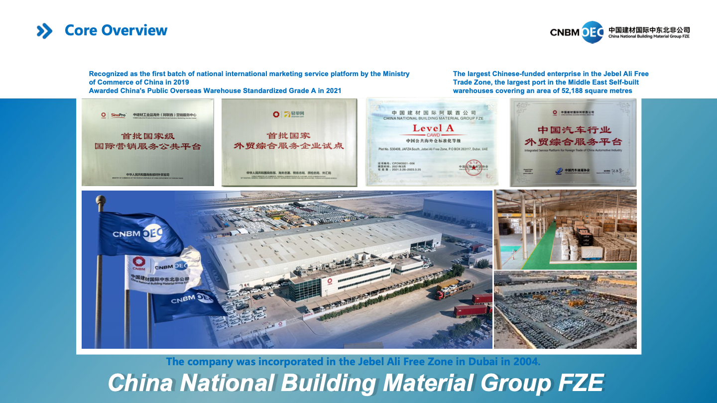 CNBM FZE platform credentials and warehouse overview